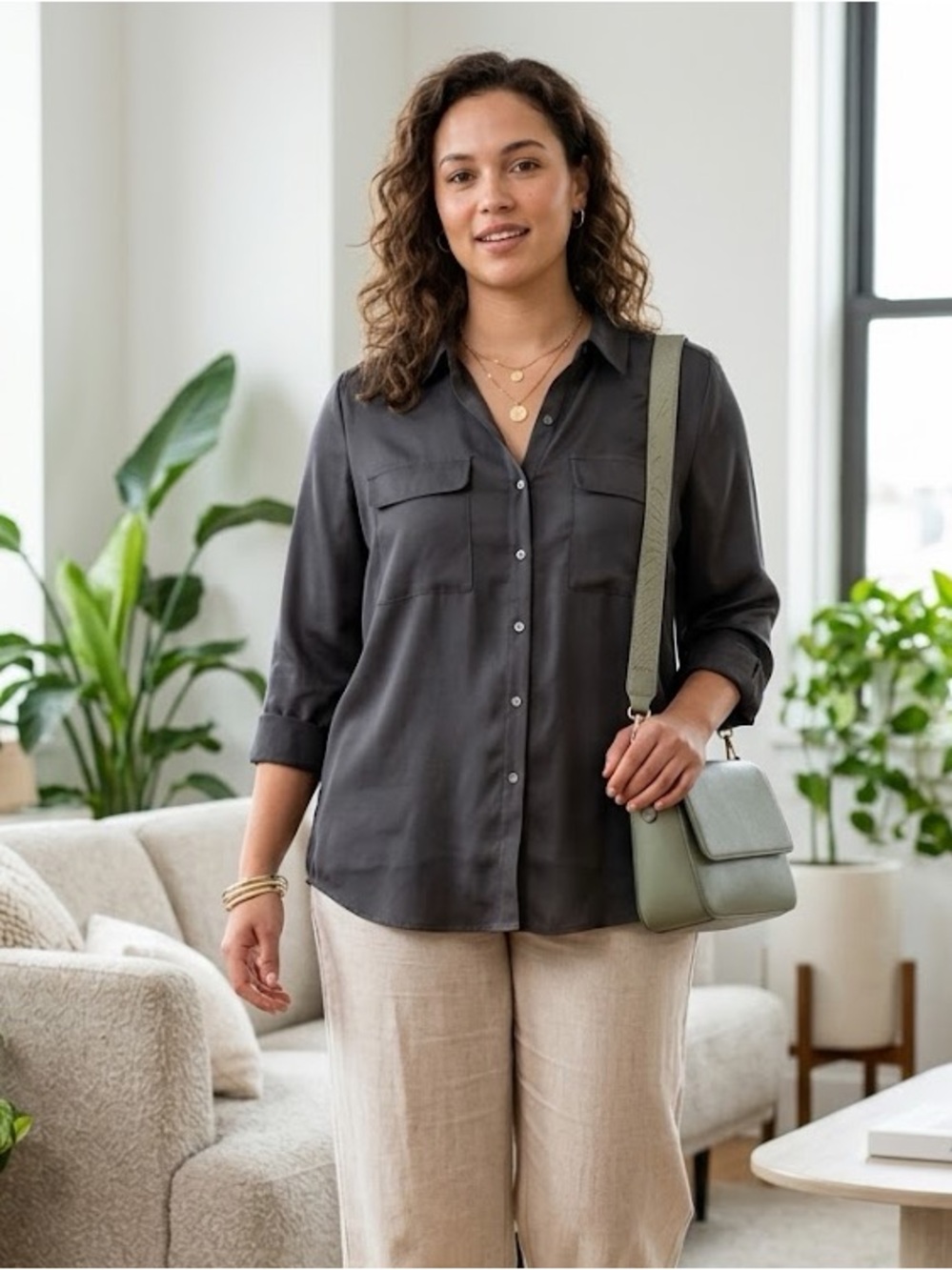 Massini Button-Front Utility Blouse- Black